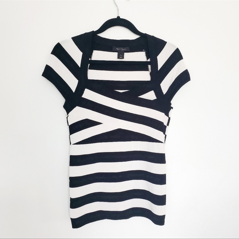 White House Black Market Black and White Striped Short Sleeve Top
